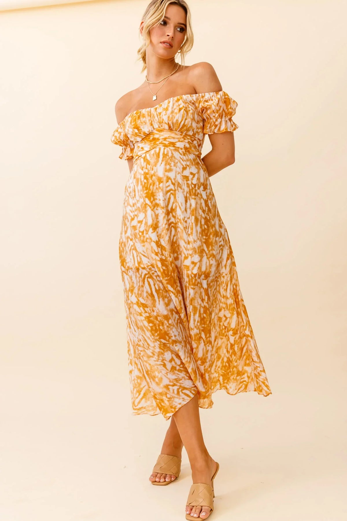 Linka Off-Shoulder Tie Back Midi Dress Printed Orange