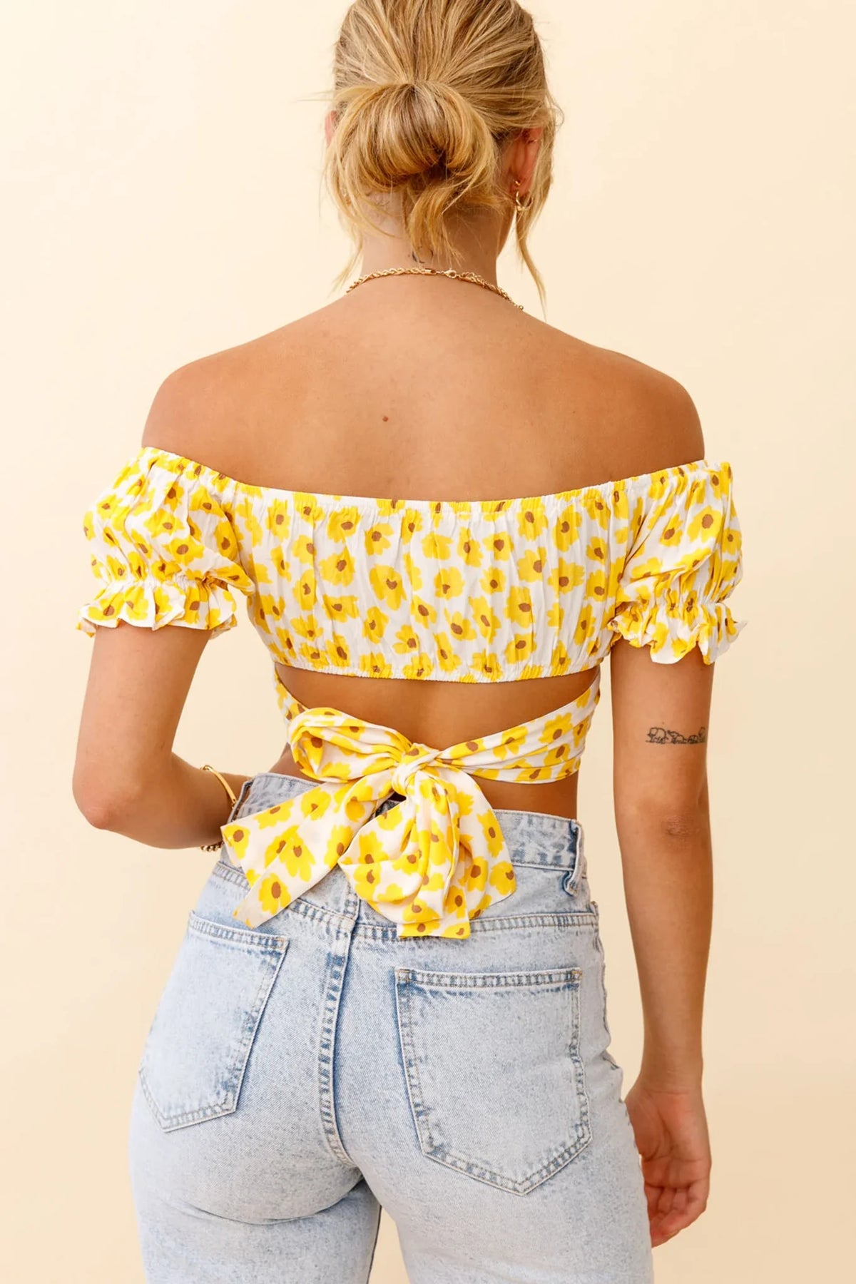 Linka Off-Shoulder Tie-Back Crop Top Flower Print Yellow