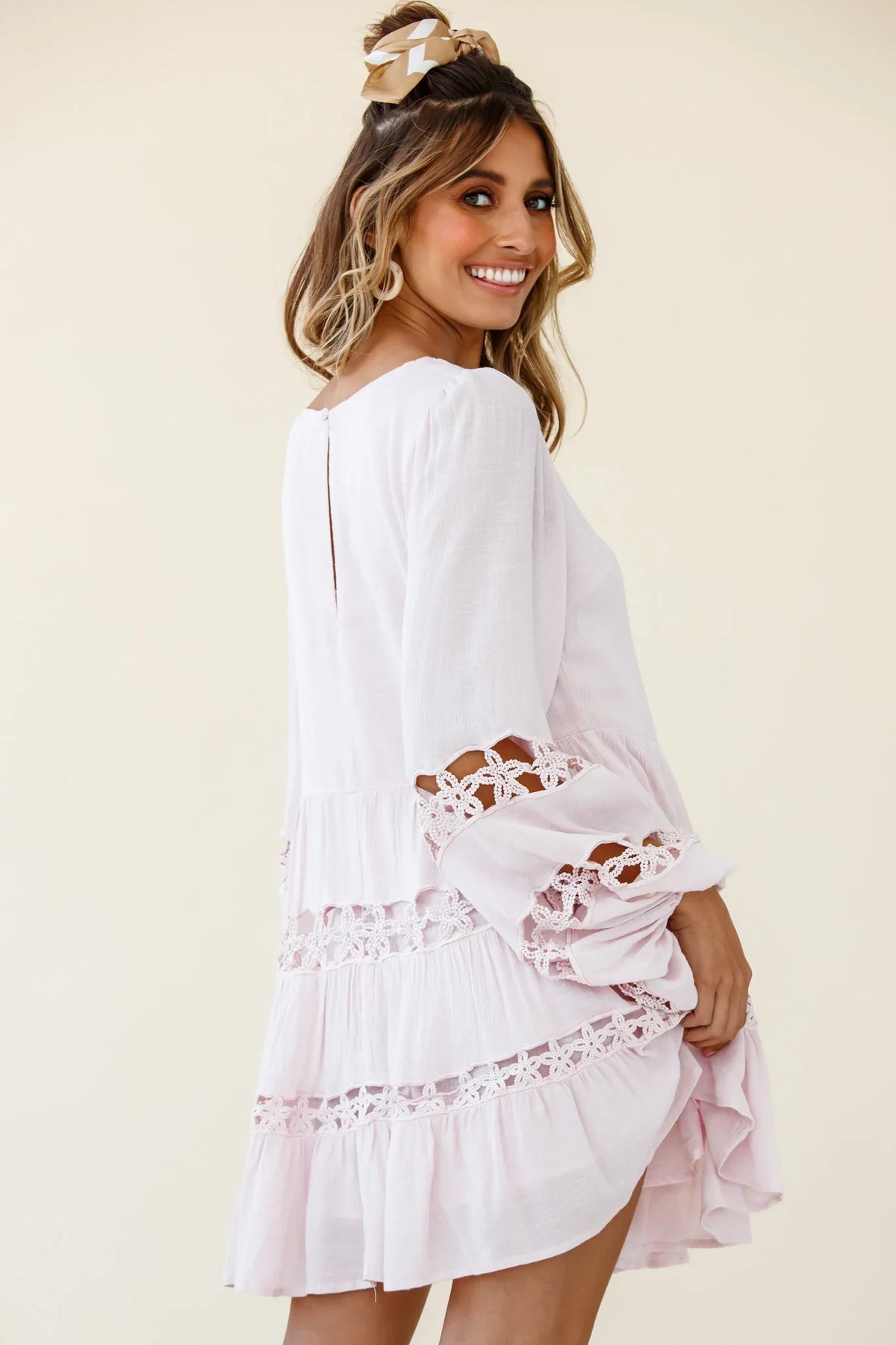 Miles Away Long Balloon Sleeve Trim Insert Dress Pink
