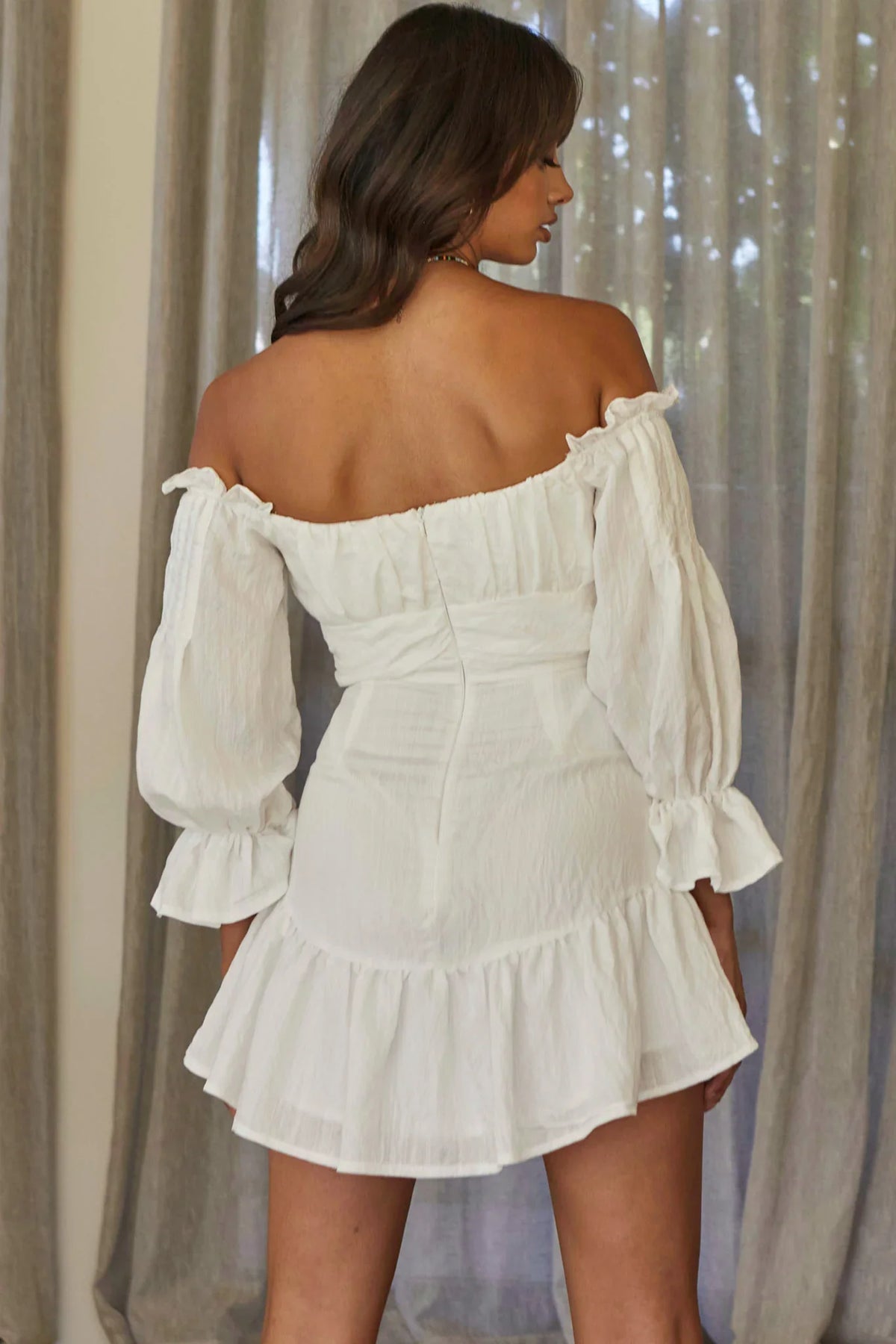 By My Side Off-Shoulder Balloon Sleeve Dress White
