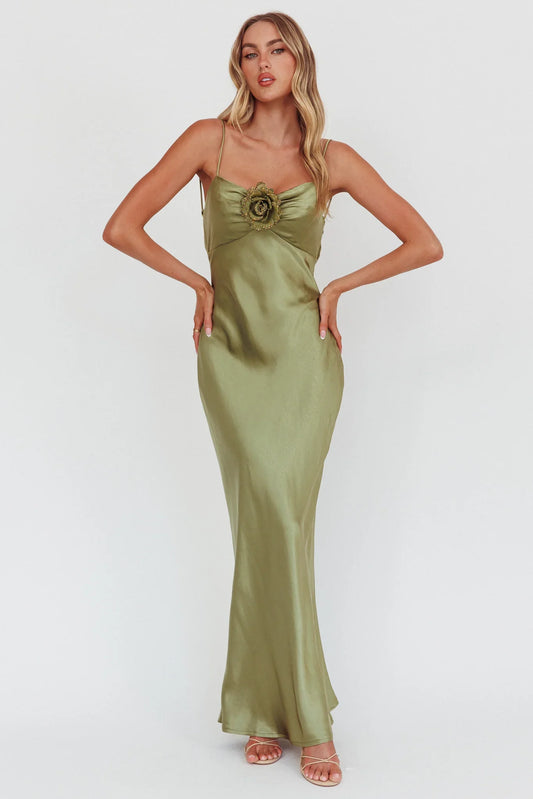 High Roller Cowl Back Rosette Maxi Dress Olive
