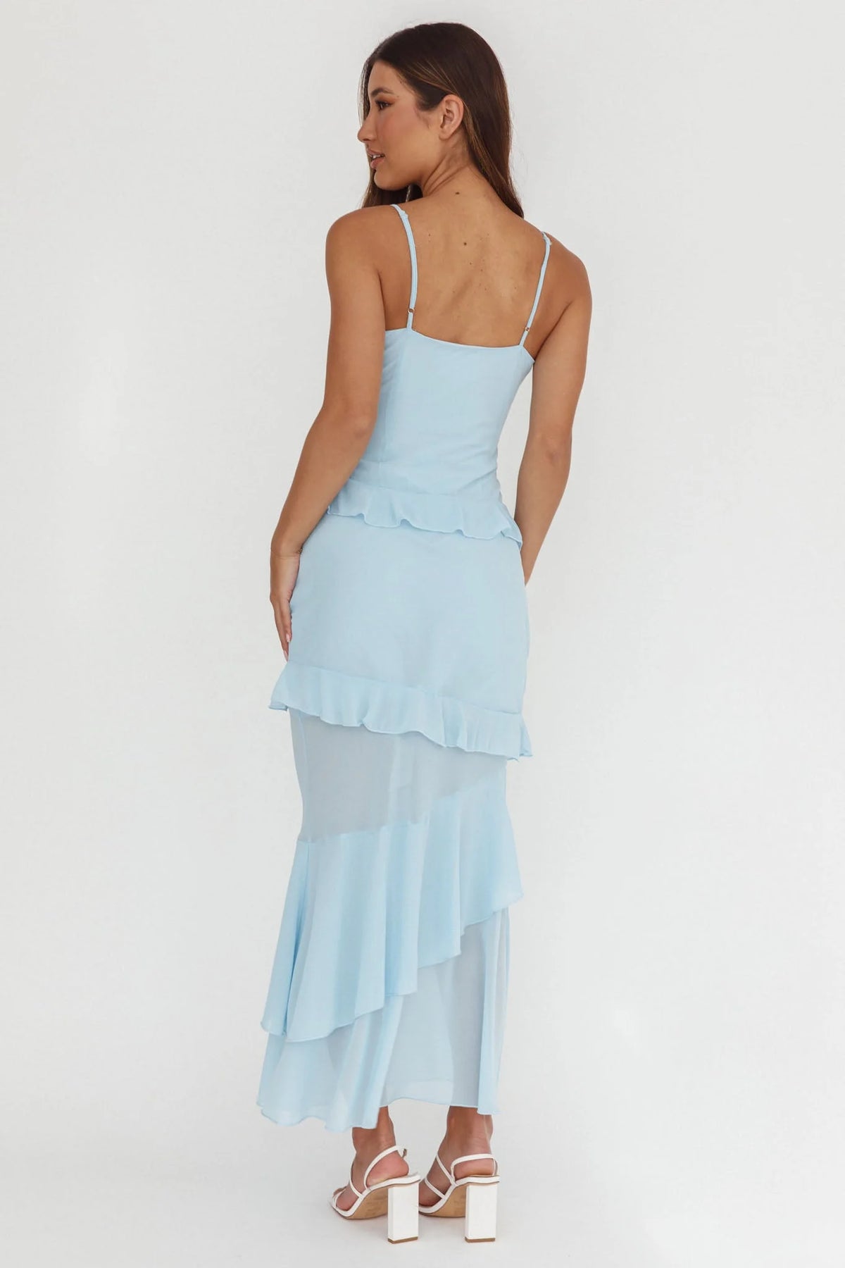 Marlie Frill Trim Rosette Maxi Dress Blue