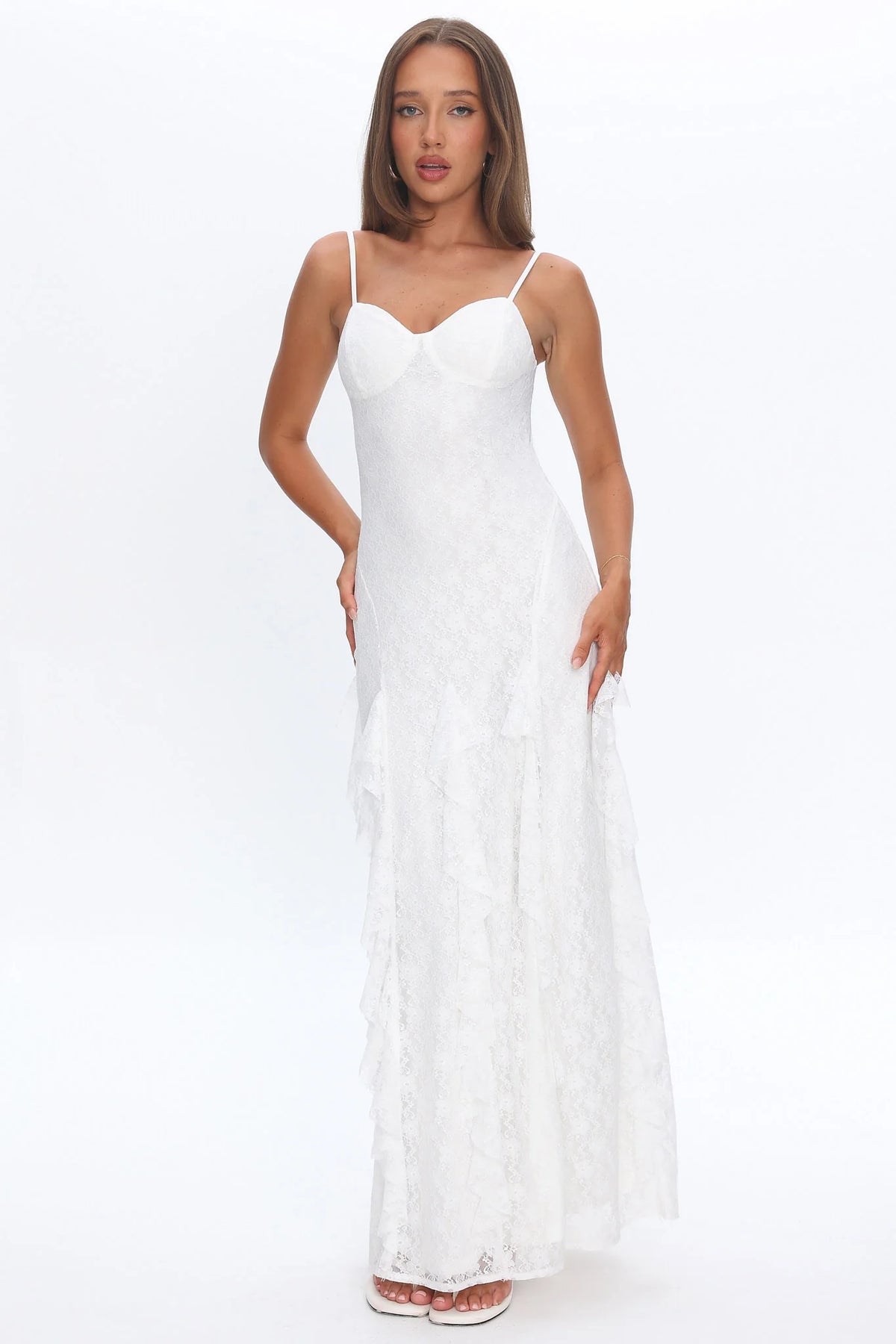 Onique Lace-Up Back Split Maxi Dress Lace White