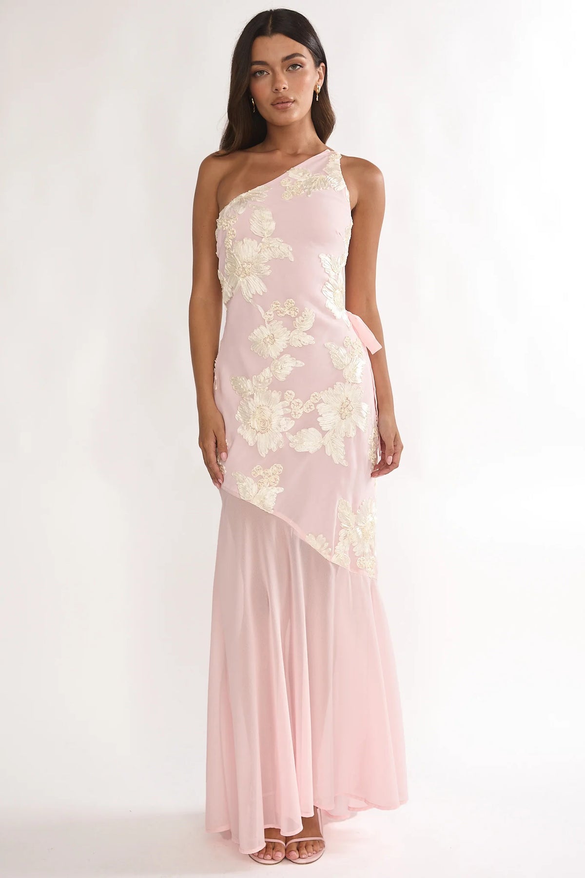 Mireya One-Shoulder Sheer Hem Maxi Dress Pink
